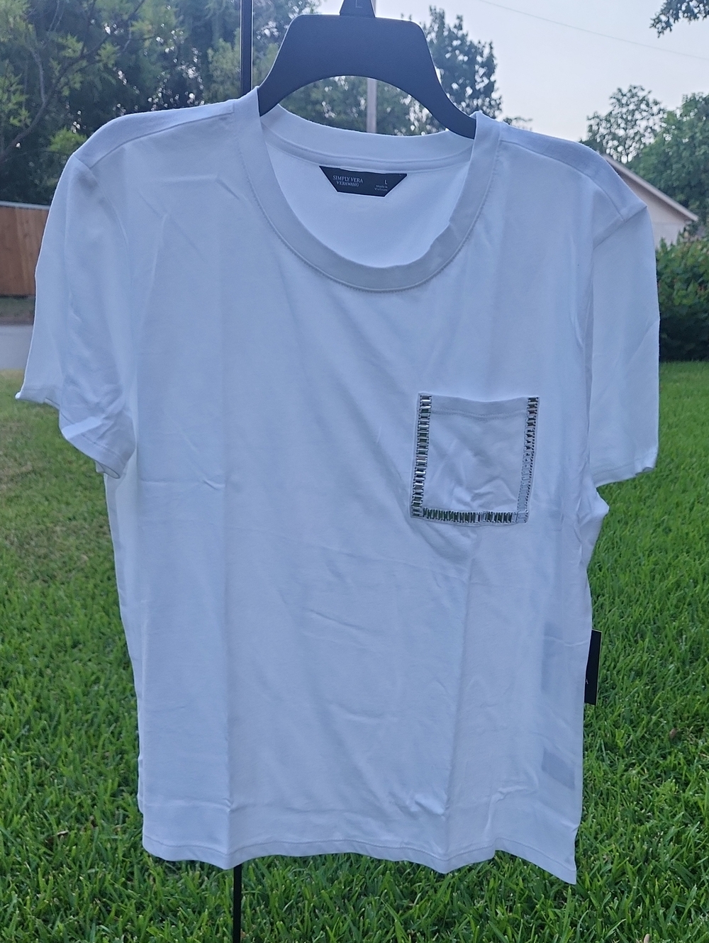 Simply Vera VeraWang White Short Sleeve Pocket Tee with Jeweled Trim
